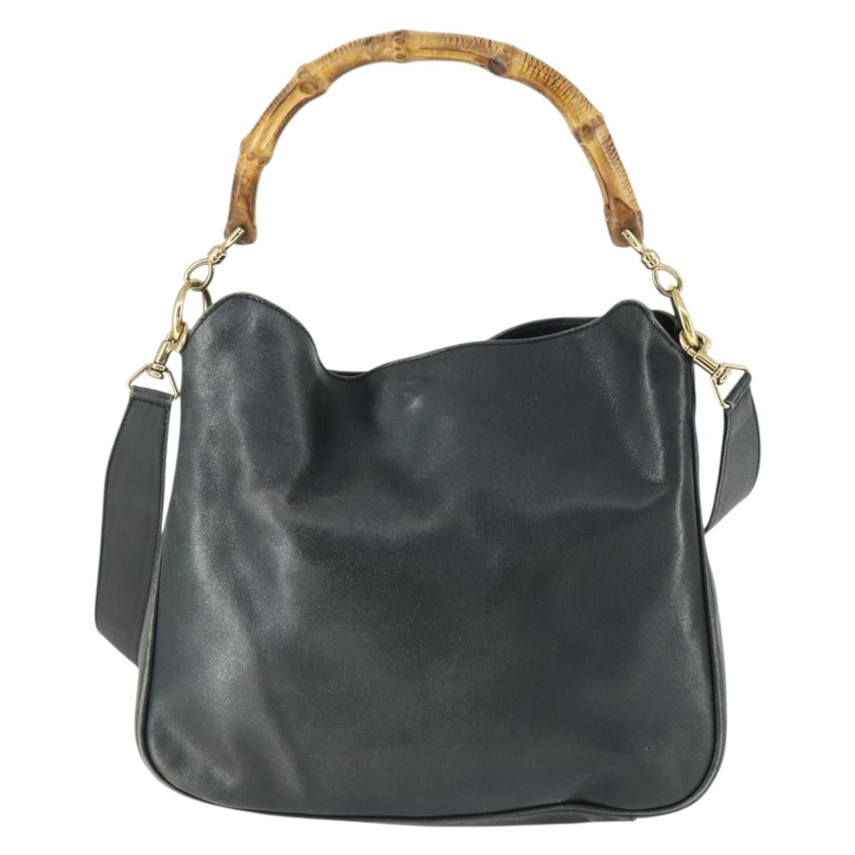 GUCCI Bamboo Hand Bag Leather 2way Black Gold 001 2113 1638 Auth 170415