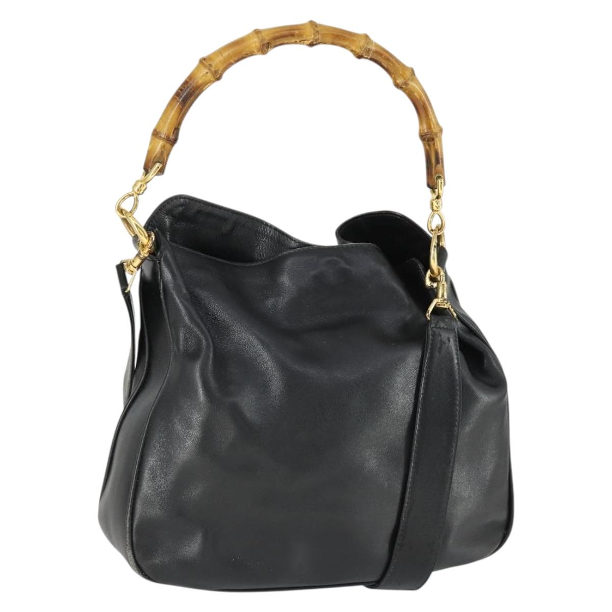 GUCCI Bamboo Hand Bag Leather 2way Black Gold 001 1638 2615 Auth 170422