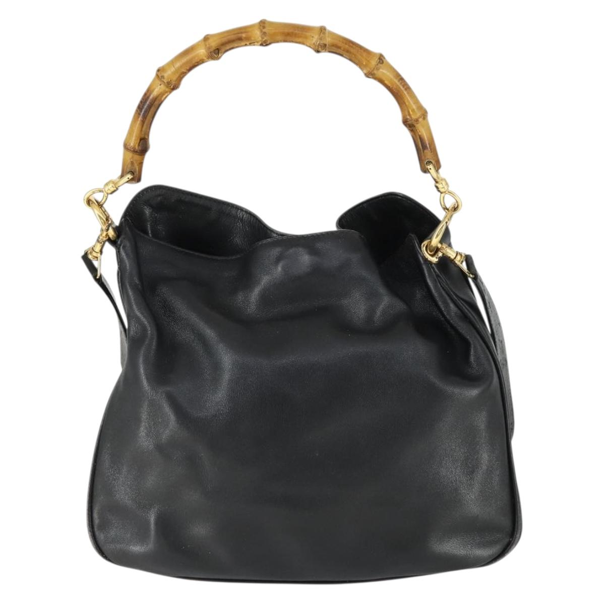 GUCCI Bamboo Hand Bag Leather 2way Black Gold 001 1638 2615 Auth 170422