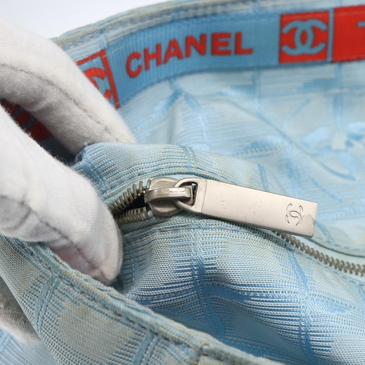 CHANEL New Travel line Tote Bag Nylon Light Blue Silver CC Auth 170452