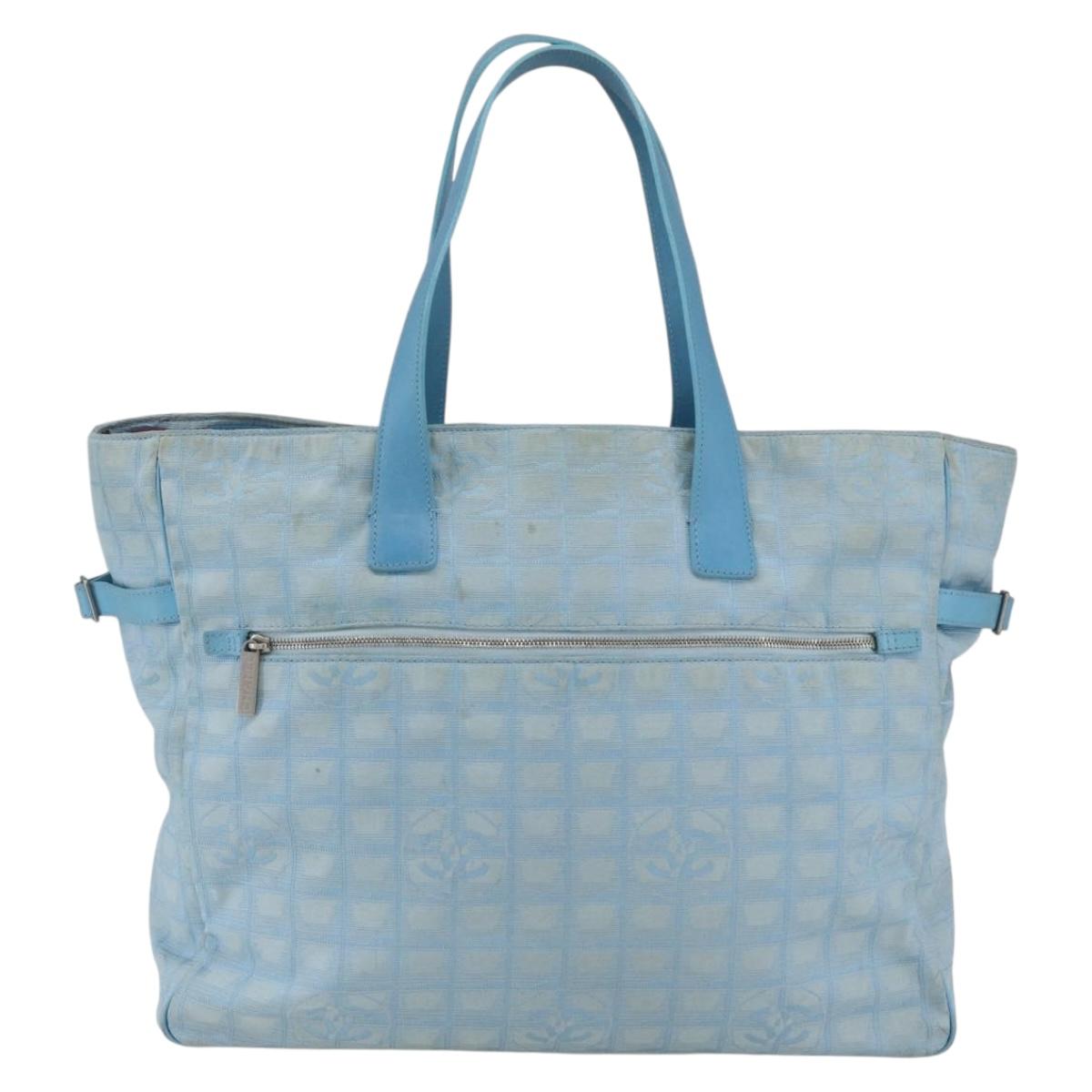 CHANEL New Travel line Tote Bag Nylon Light Blue Silver CC Auth 170452