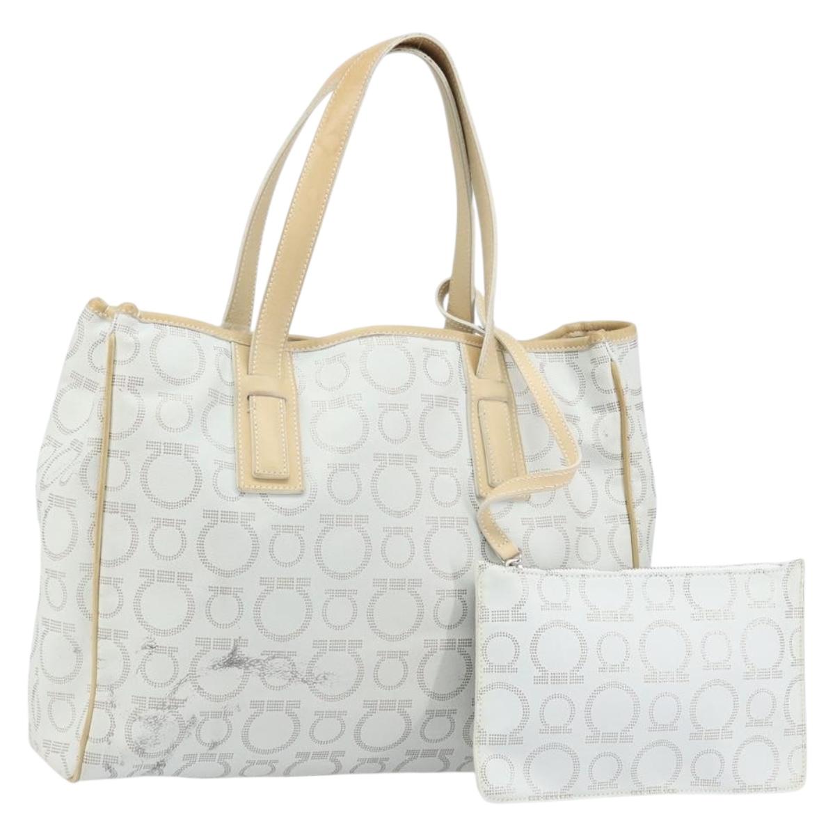 Salvatore Ferragamo Gancini Tote Bag PVC Leather Silver White Auth 170458