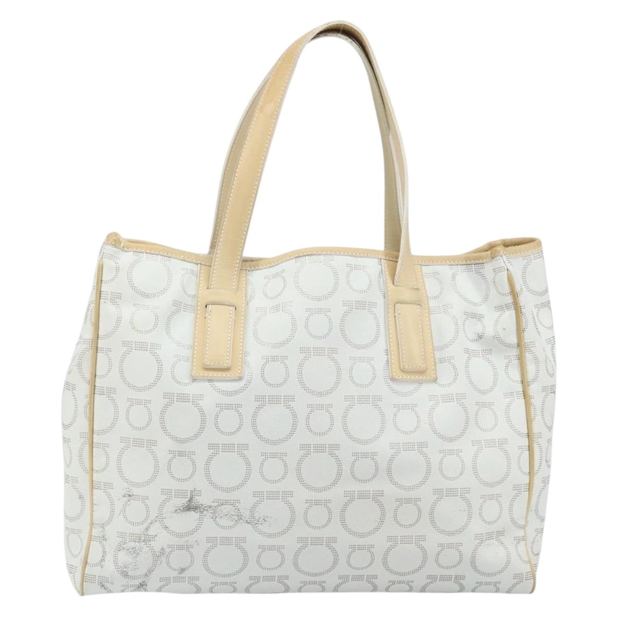 Salvatore Ferragamo Gancini Tote Bag PVC Leather Silver White Auth 170458