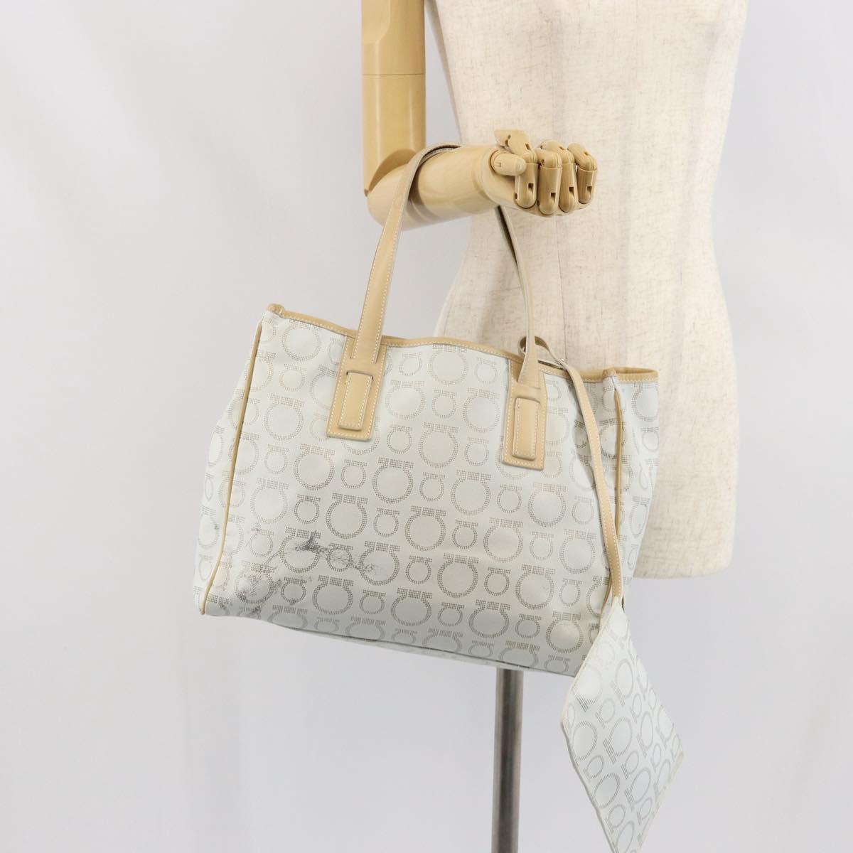 Salvatore Ferragamo Gancini Tote Bag PVC Leather Silver White Auth 170458