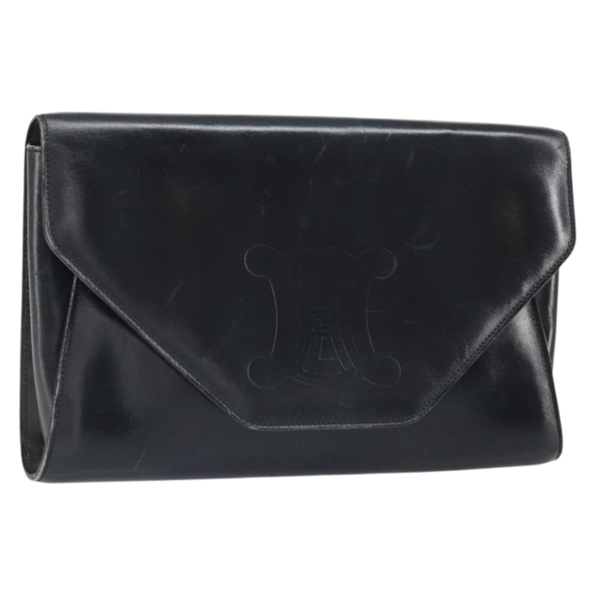 CELINE Clutch Bag Leather Black Gold Auth 170462