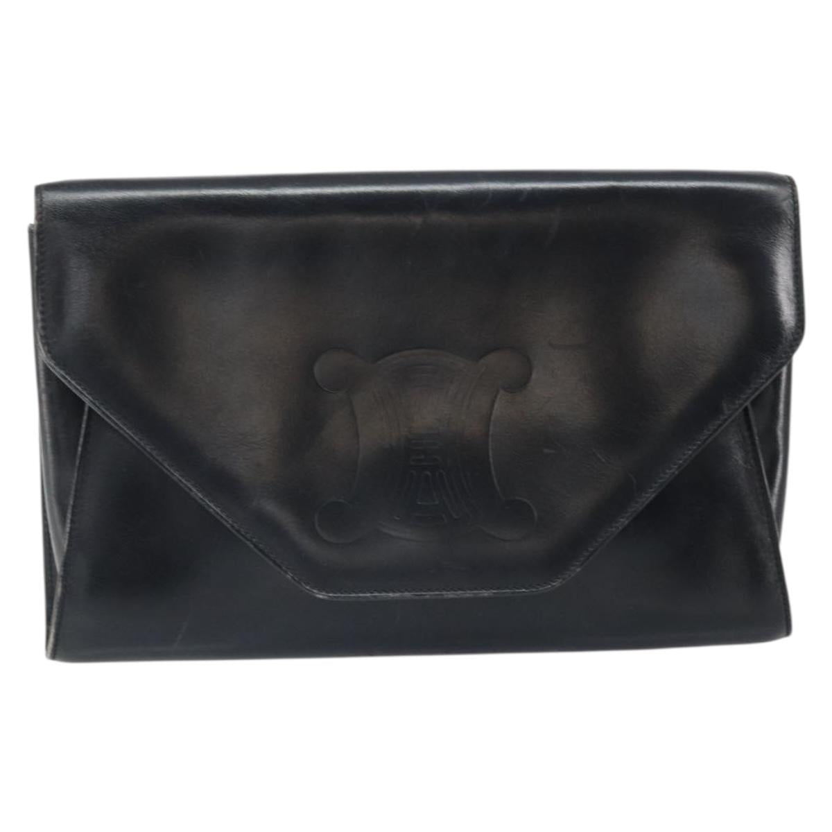CELINE Clutch Bag Leather Black Gold Auth 170462
