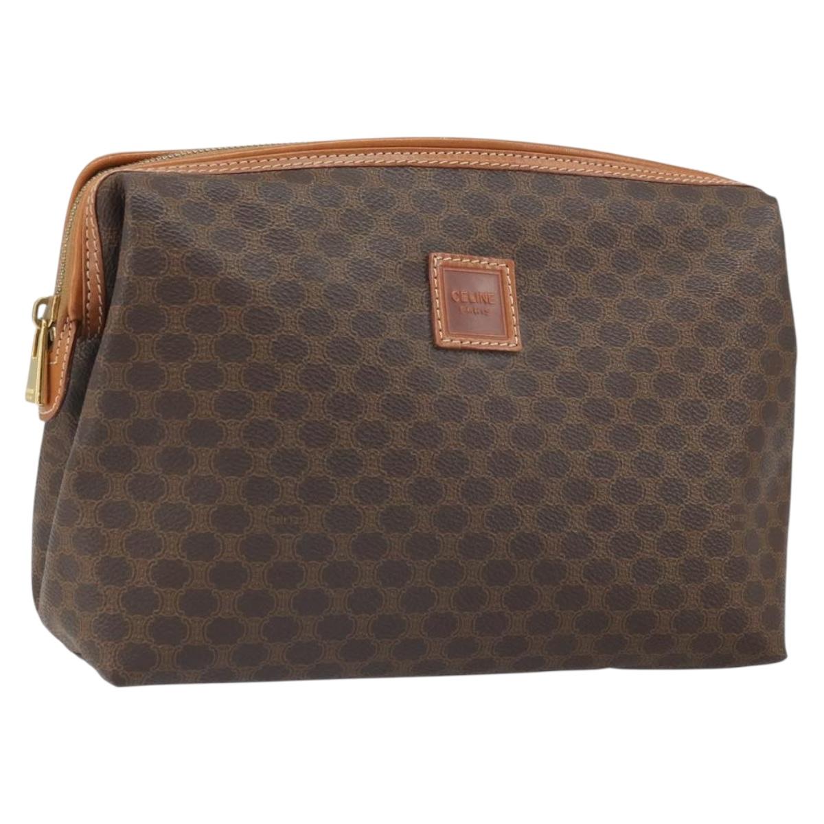 CELINE Macadam Canvas Clutch Bag PVC Brown Gold Auth 170470