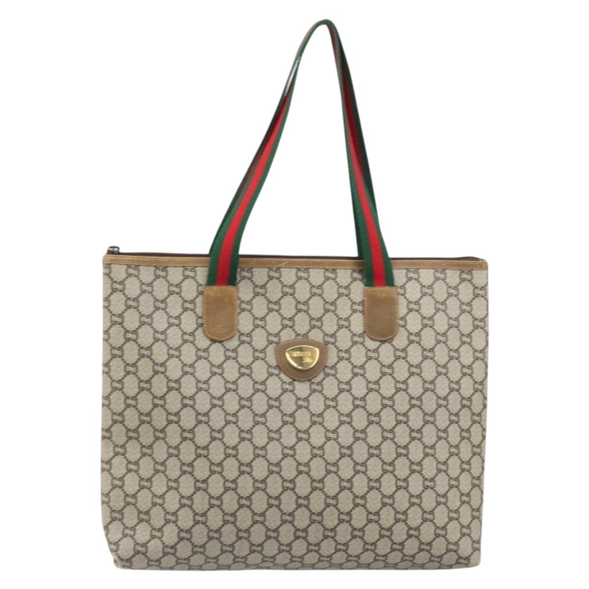 GUCCI GG Plus Supreme Web Sherry Line Tote Bag PVC Beige Gold Auth 170474