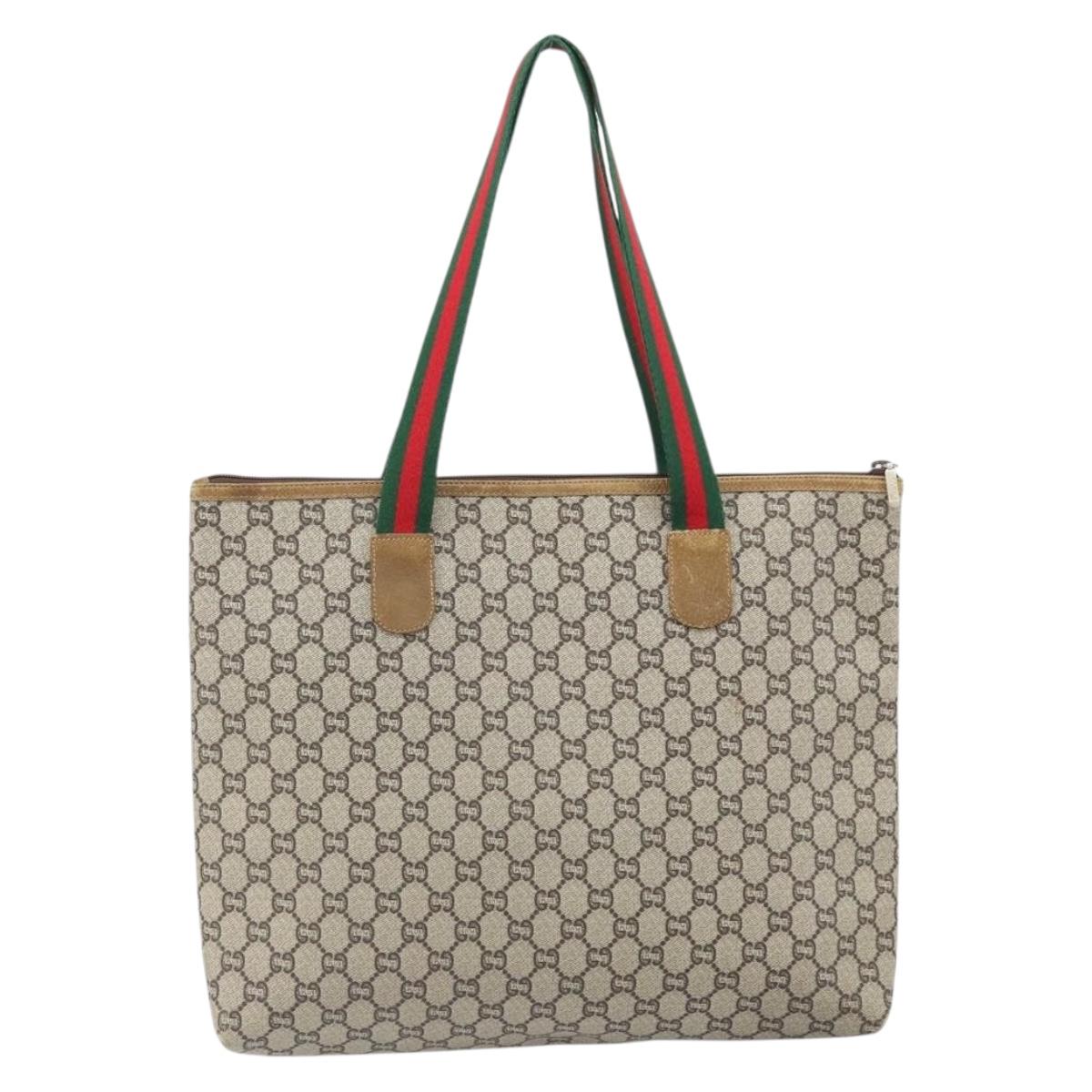 GUCCI GG Plus Supreme Web Sherry Line Tote Bag PVC Beige Gold Auth 170474