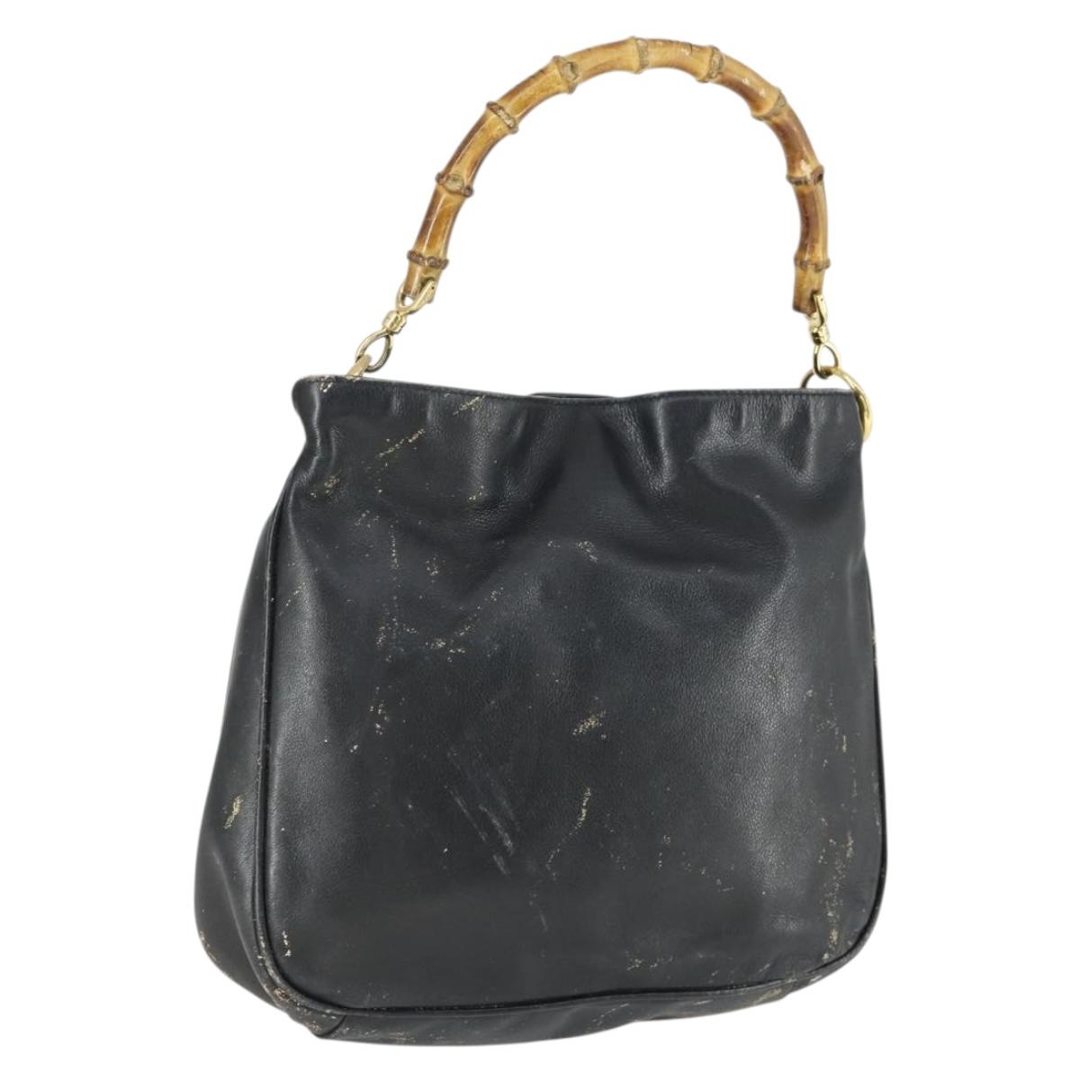GUCCI Bamboo Hand Bag Leather Black Gold Auth 170494
