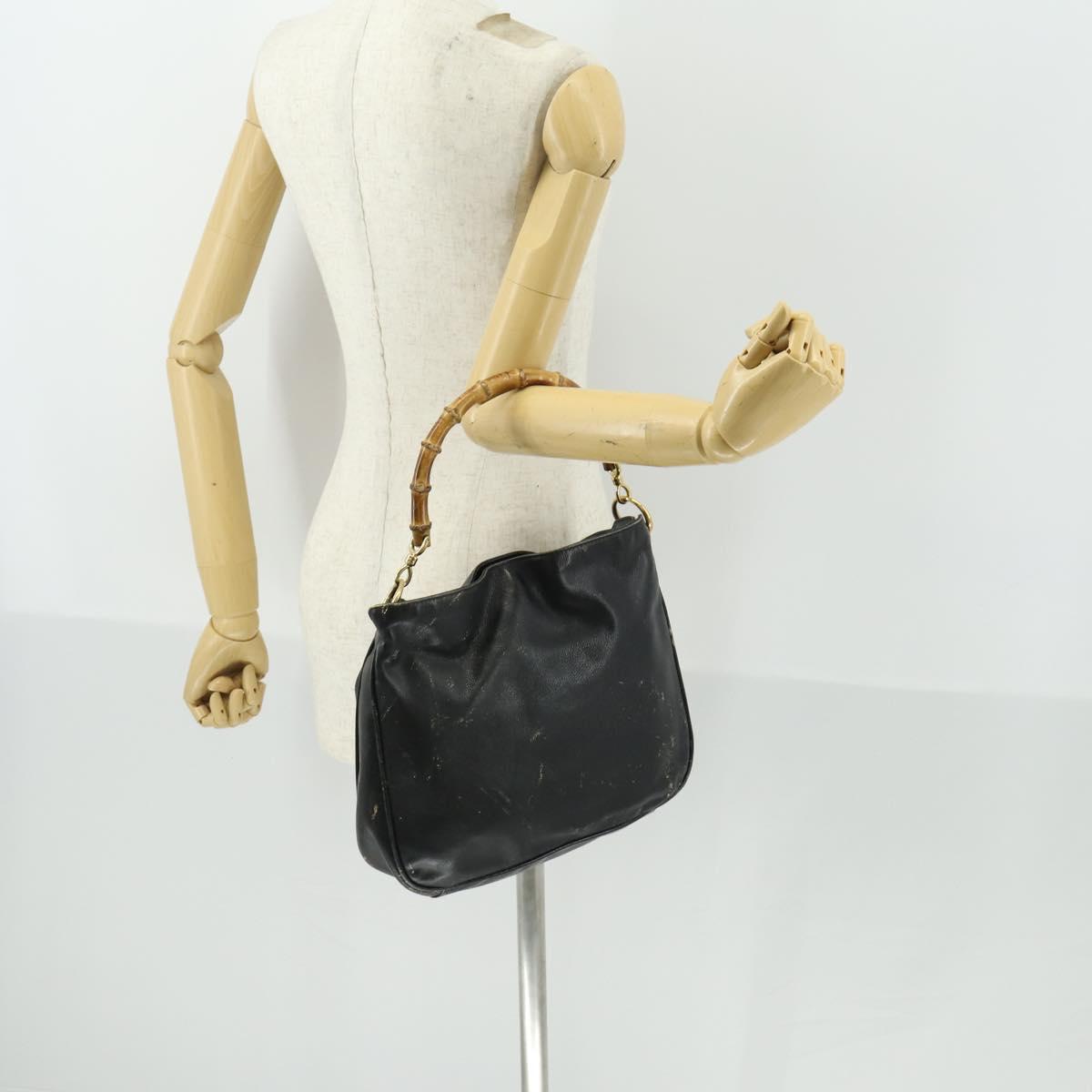 GUCCI Bamboo Hand Bag Leather Black Gold Auth 170494