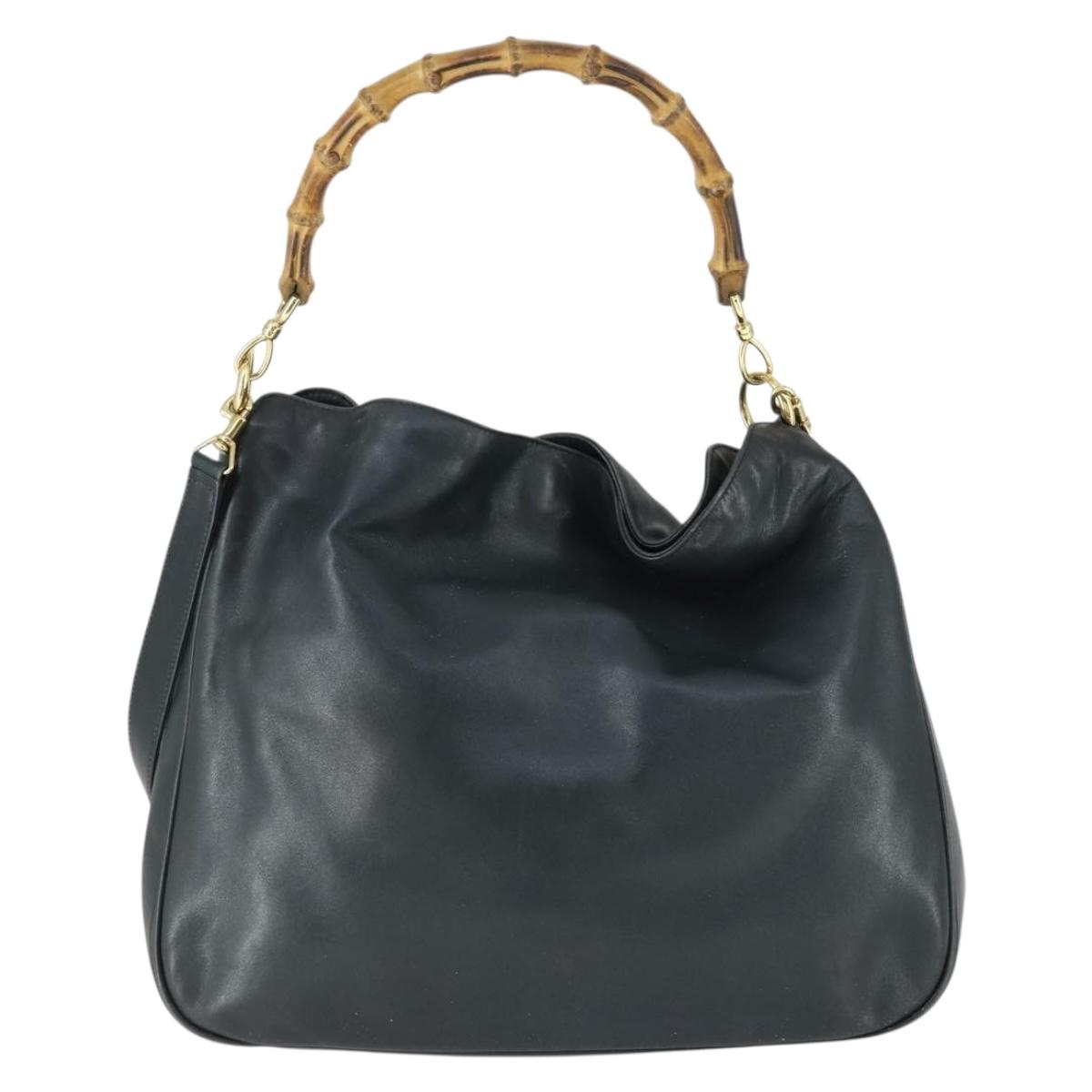 GUCCI Bamboo Hand Bag Leather 2way Navy Gold 001 3754 1577 Auth 170508