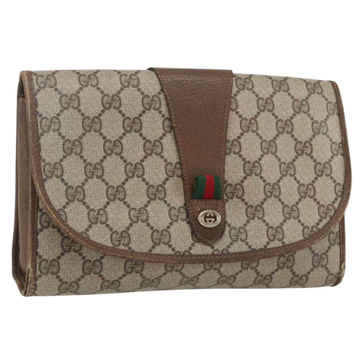 GUCCI GG Supreme Web Sherry Line Clutch Bag PVC Beige Gold 89 01 030 Auth 170517