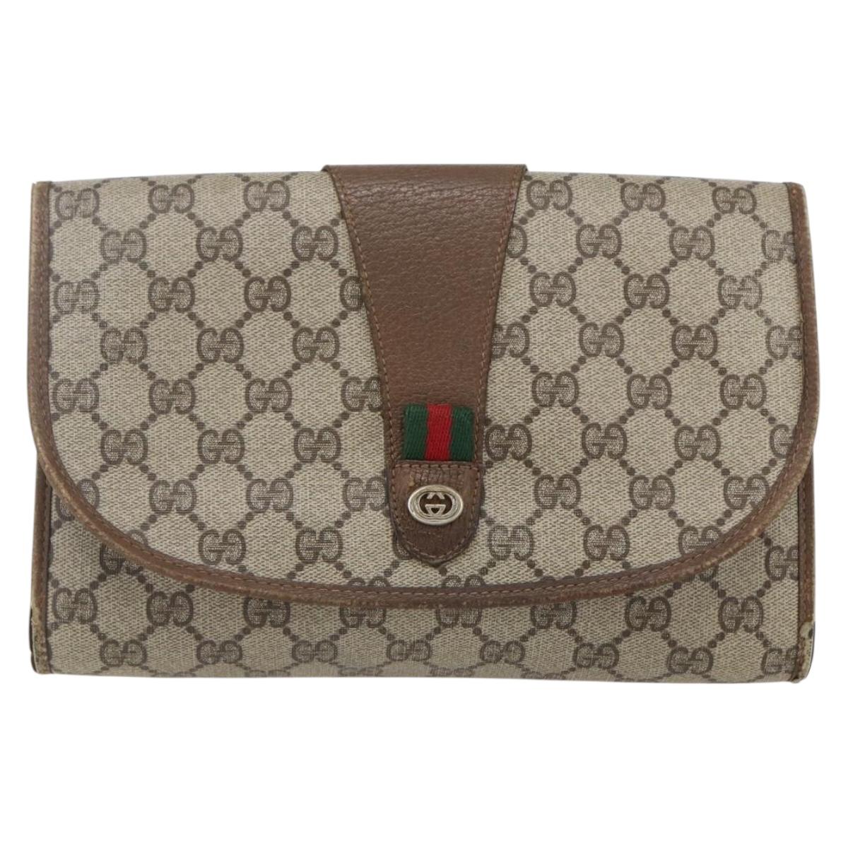 GUCCI GG Supreme Web Sherry Line Clutch Bag PVC Beige Gold 89 01 030 Auth 170517