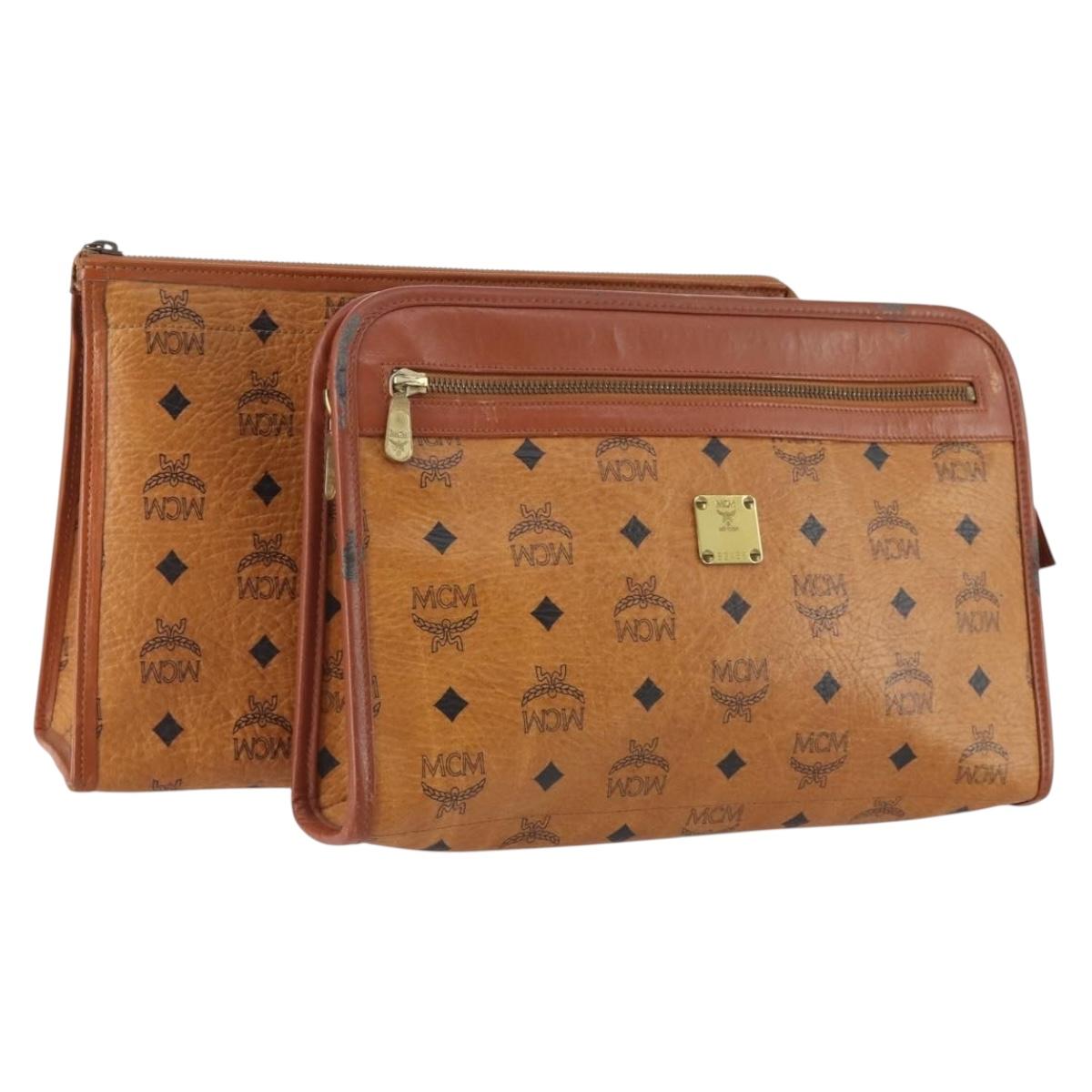 MCM Vicetos Logogram Clutch Bag PVC Leather 2 Set Brown Auth 170519