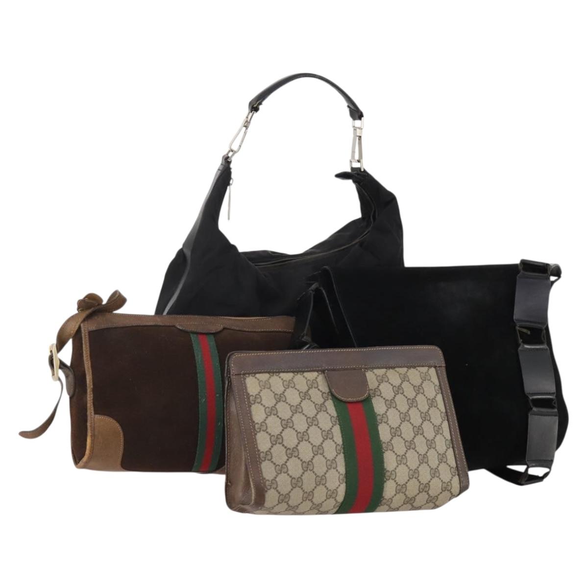 GUCCI GG Supreme Web Sherry Line Hand Bag Suede 4 Set Black Beige Auth 170524