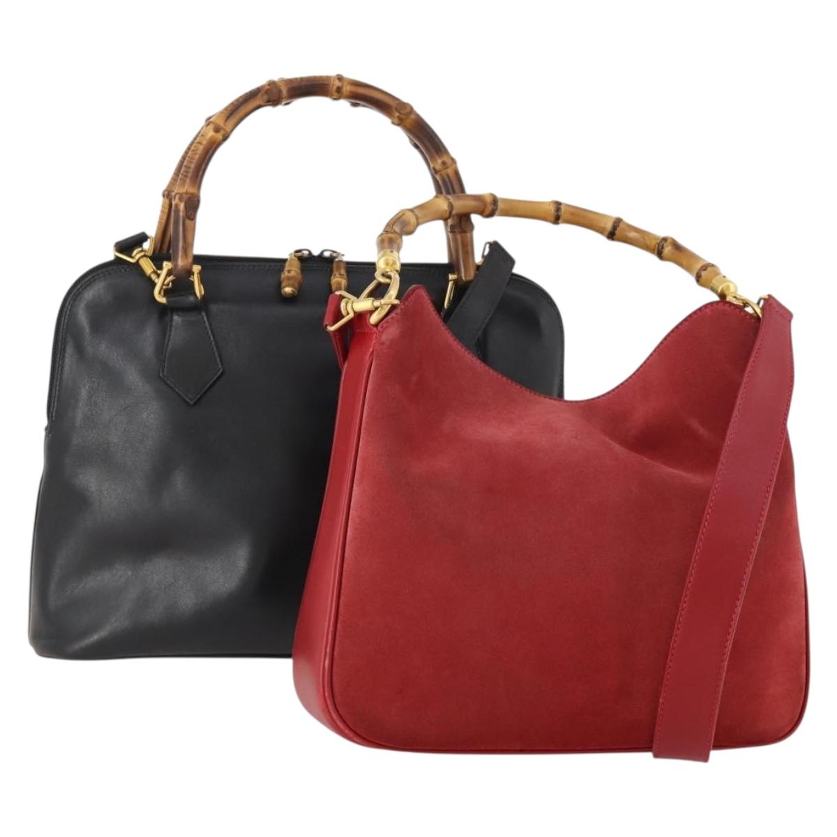 GUCCI Bamboo Hand Bag Leather Suede 2 Set Black Red Auth 170525