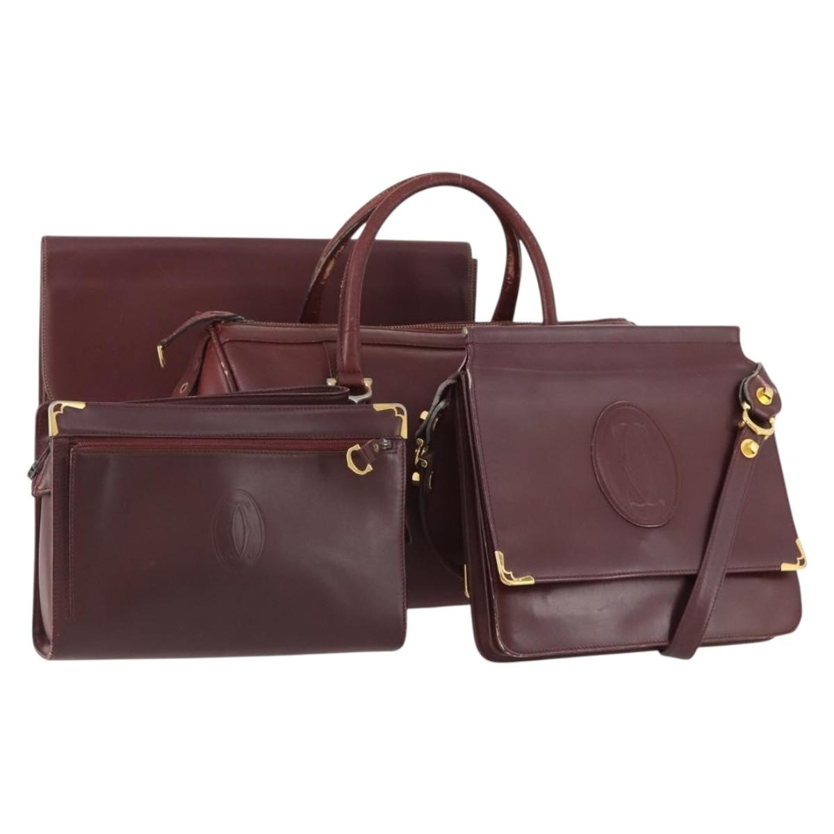 CARTIER Hand Bag Leather 4 Set Bordeaux Auth 170527