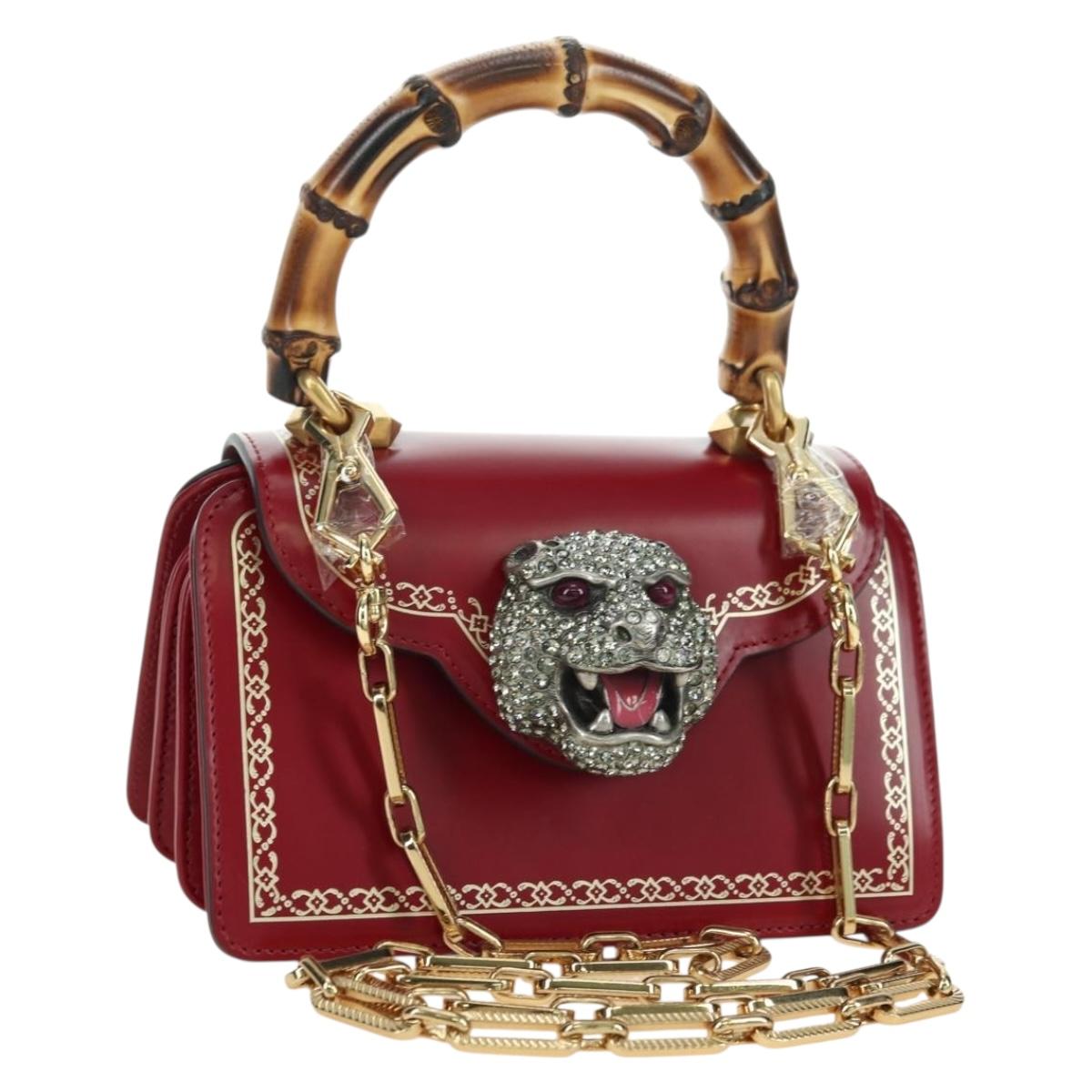 GUCCI Bamboo Taiga Head Hand Bag Leather 2way Red Gold 488667 Auth 170530SAV