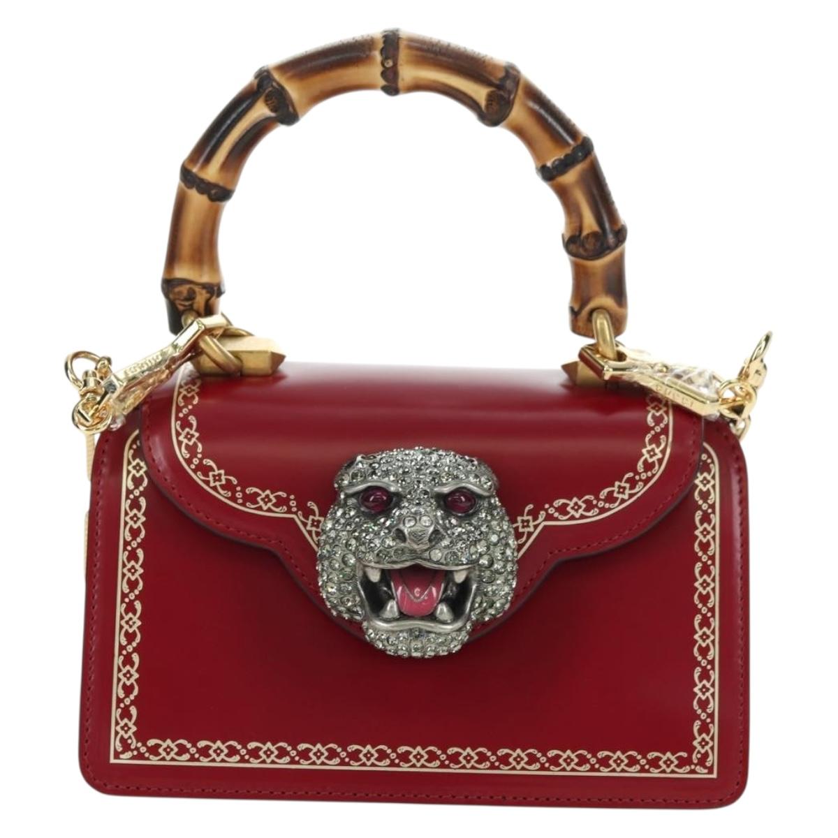 GUCCI Bamboo Taiga Head Hand Bag Leather 2way Red Gold 488667 Auth 170530SAV