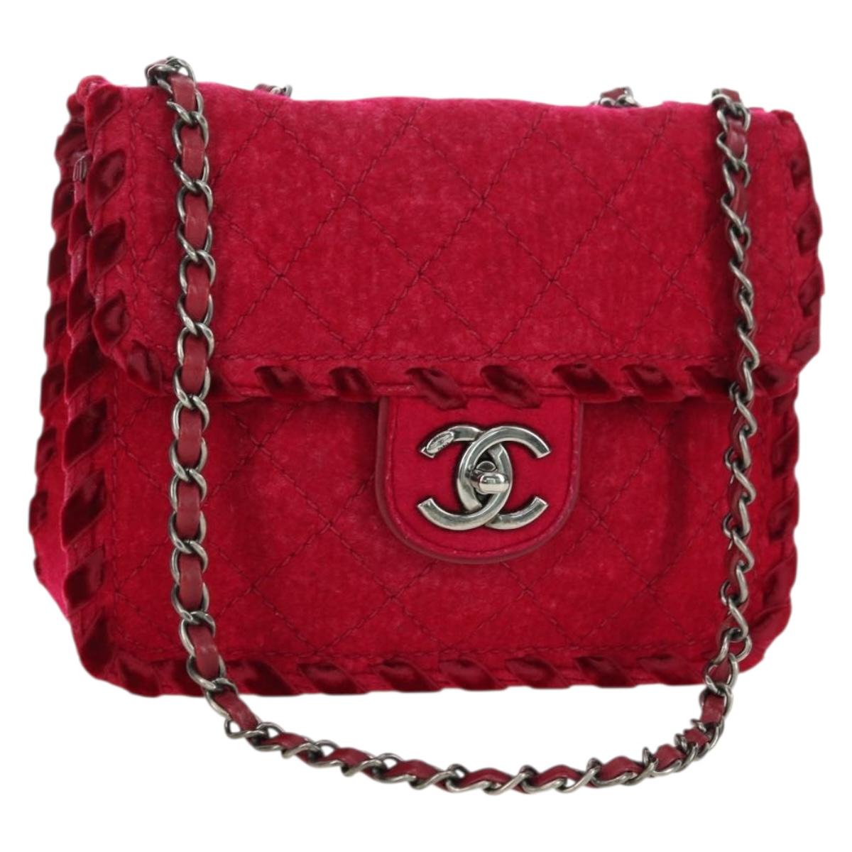 CHANEL Matelasse Chain Shoulder Bag Tweed Red Silver CC Auth 170538SAV