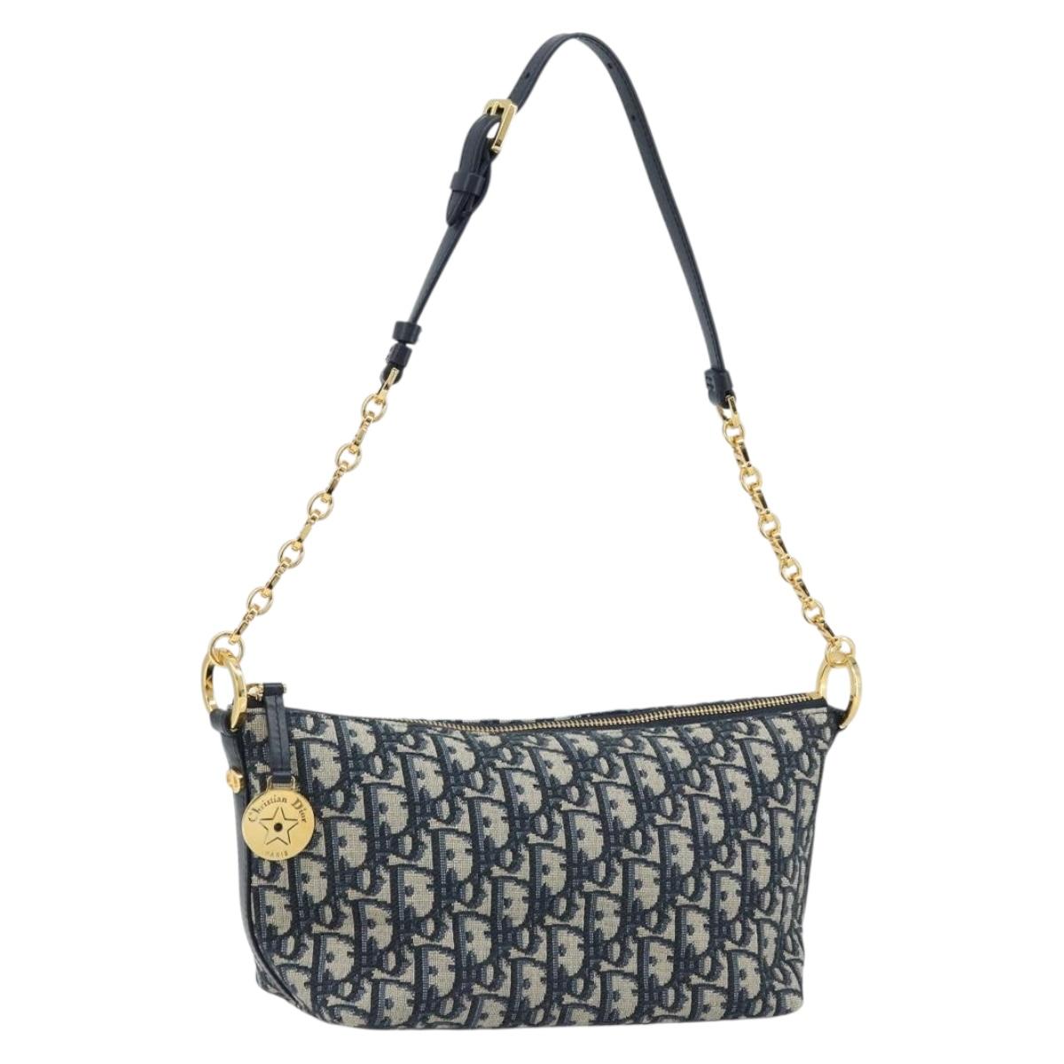 Christian Dior Trotter Canvas Chain Hobo Shoulder Bag Navy Gold Auth 170651SM
