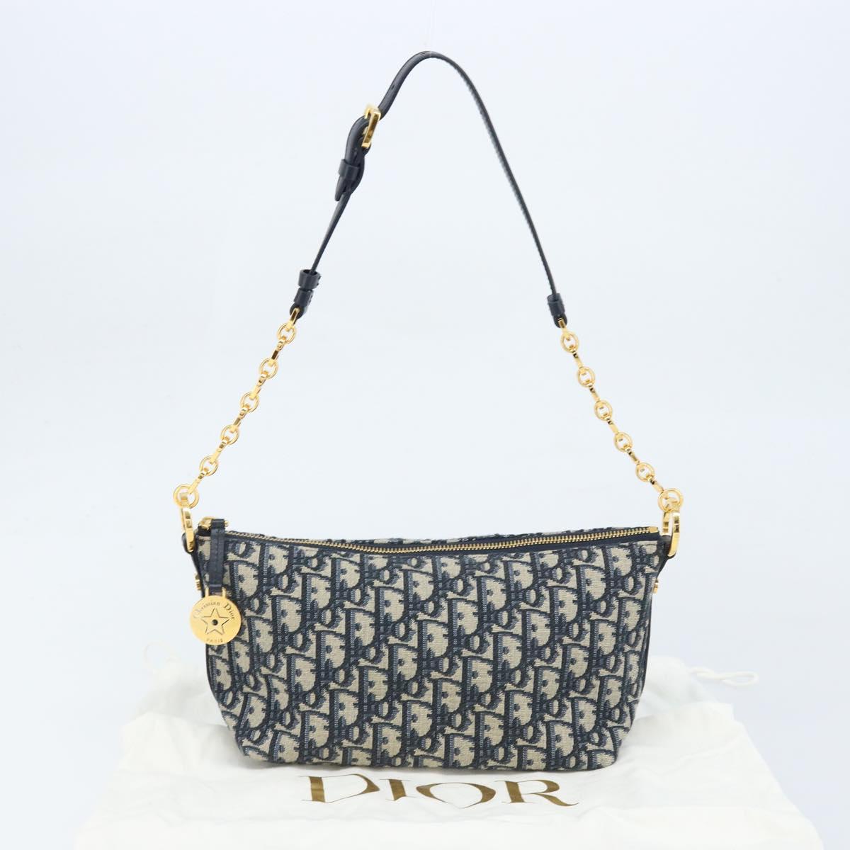 Christian Dior Trotter Canvas Chain Hobo Shoulder Bag Navy Gold Auth 170651SM