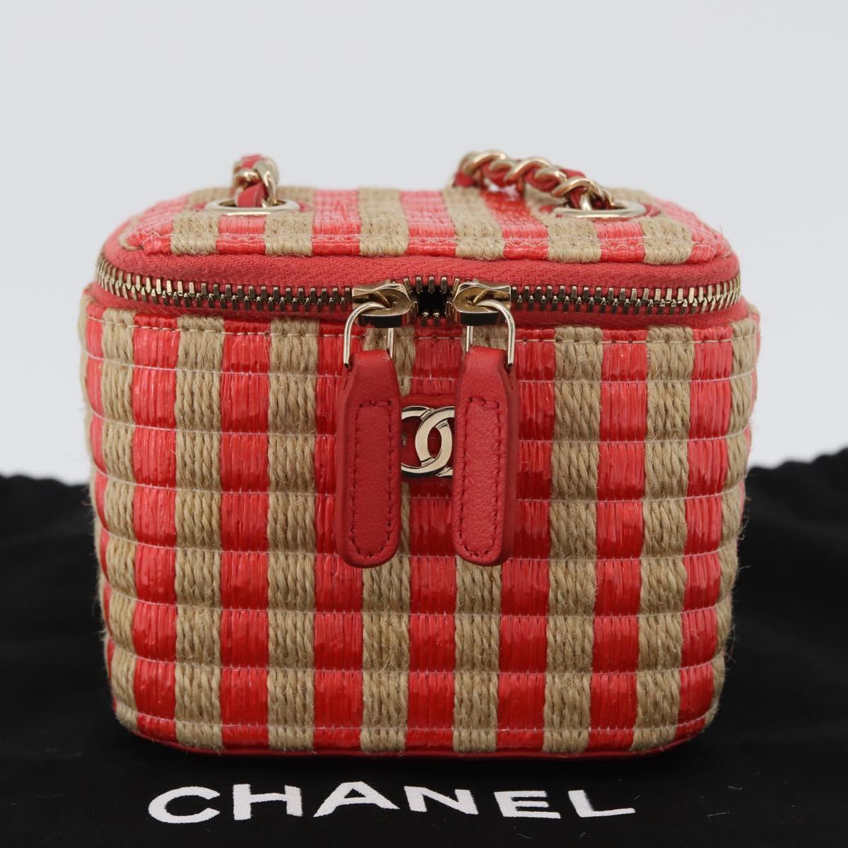 CHANEL COCO Mark Mini Vanity Chain Shoulder Bag Straw Beige Red CC Auth 170654SM