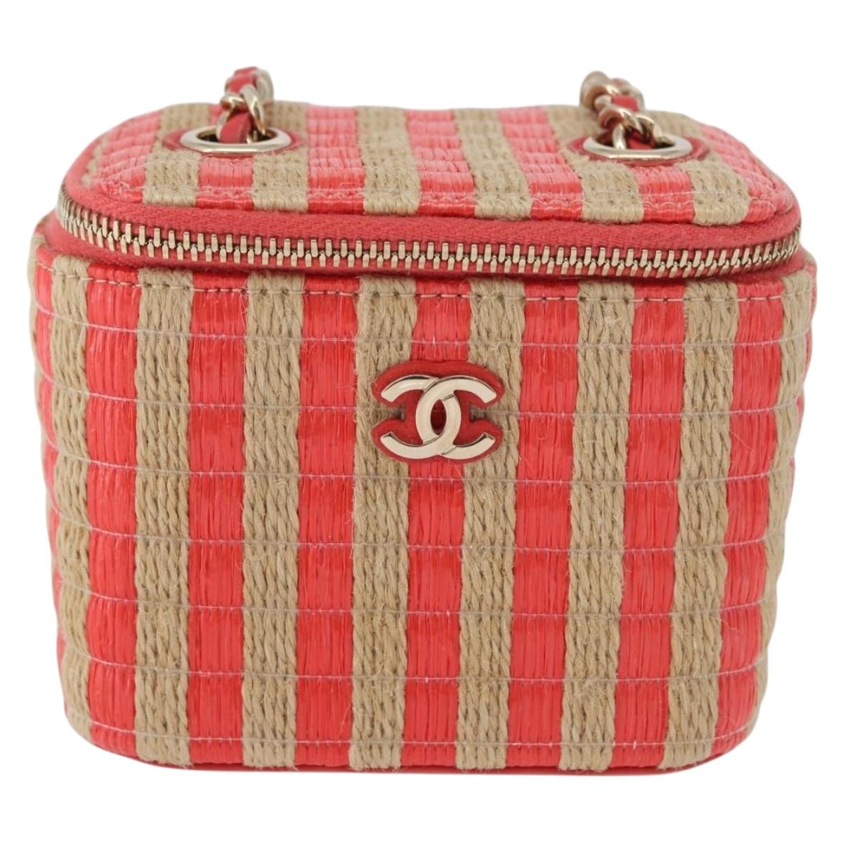CHANEL COCO Mark Mini Vanity Chain Shoulder Bag Straw Beige Red CC Auth 170654SM