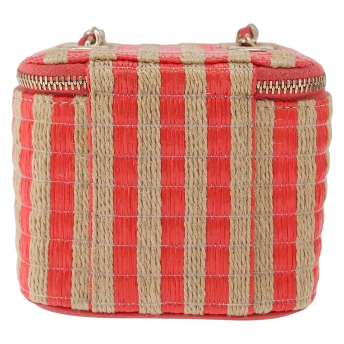 CHANEL COCO Mark Mini Vanity Chain Shoulder Bag Straw Beige Red CC Auth 170654SM