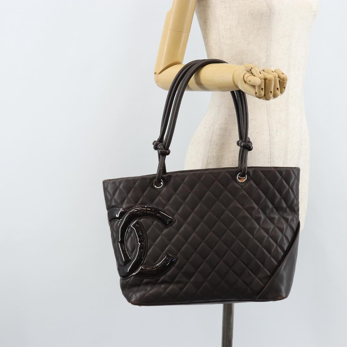 CHANEL Cambon Line Matelasse Tote Bag Leather Brown Silver CC Auth 170655