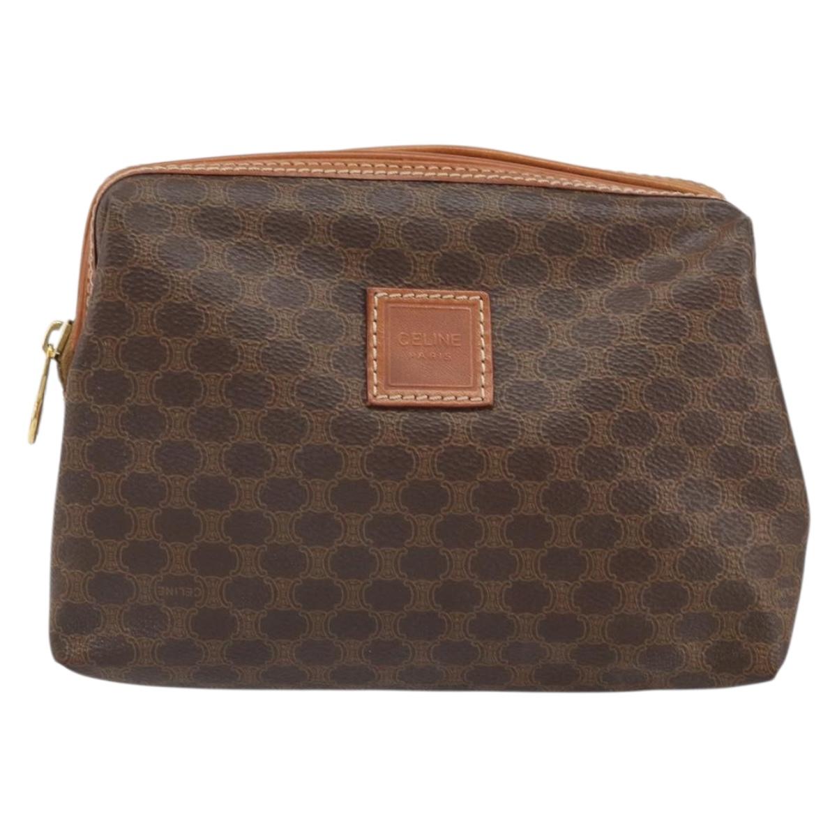 CELINE Macadam Canvas Pouch PVC Leather Brown Gold Auth 170685