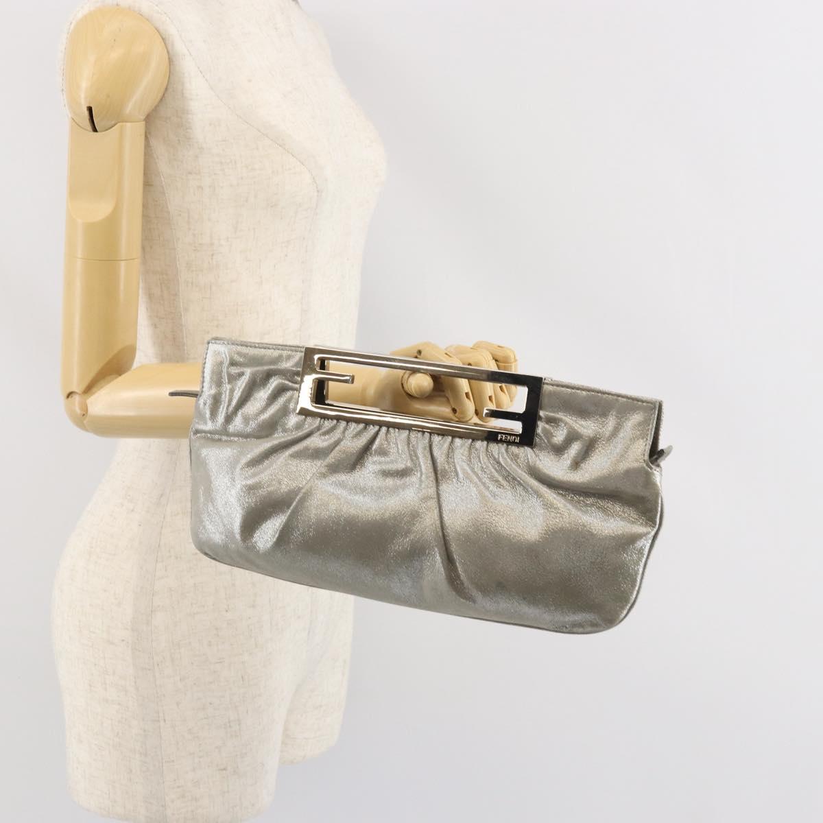 FENDI Hand Bag Leather Silver Auth 170686