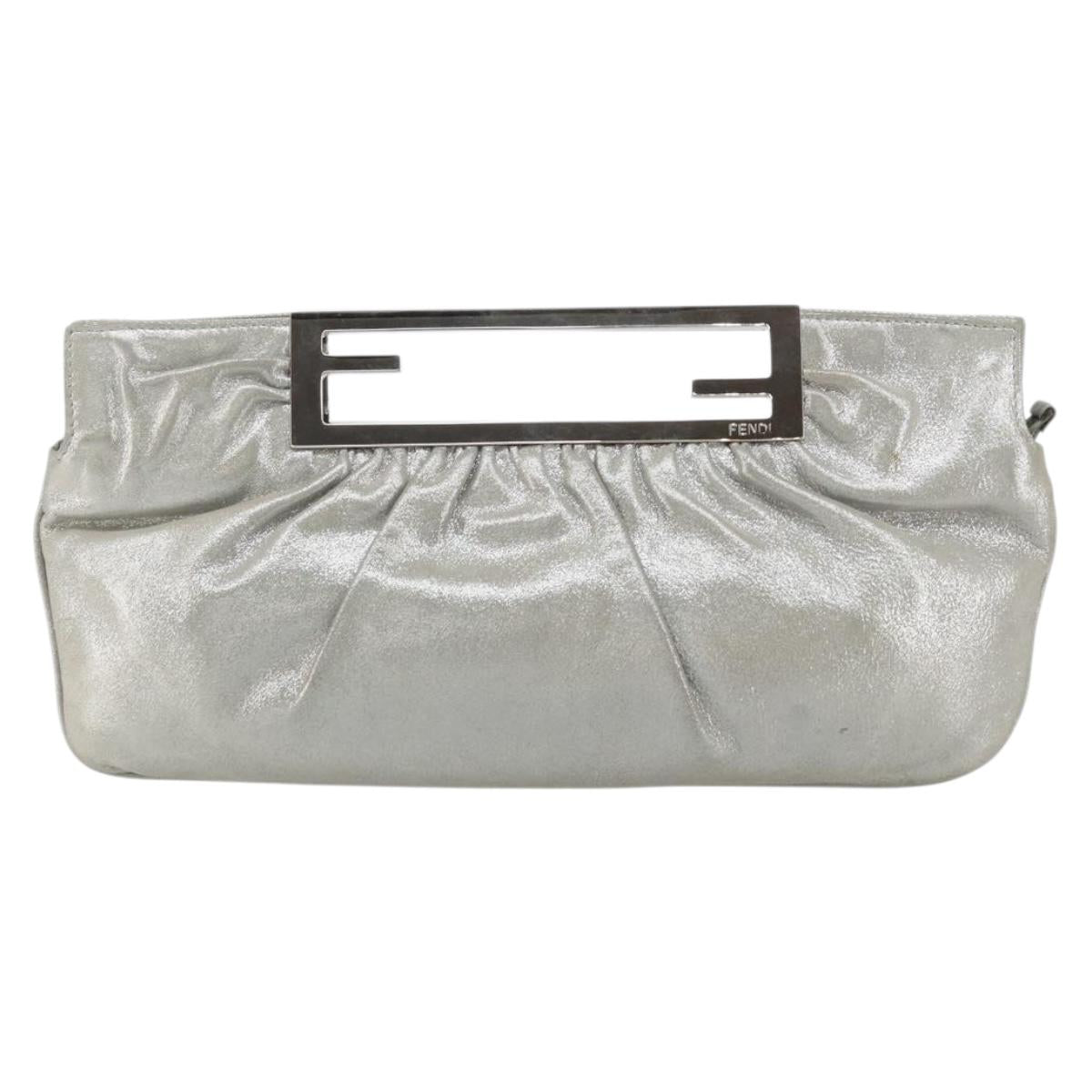 FENDI Hand Bag Leather Silver Auth 170686