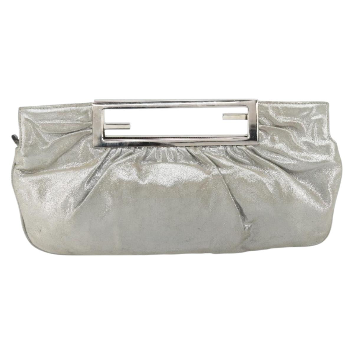 FENDI Hand Bag Leather Silver Auth 170686