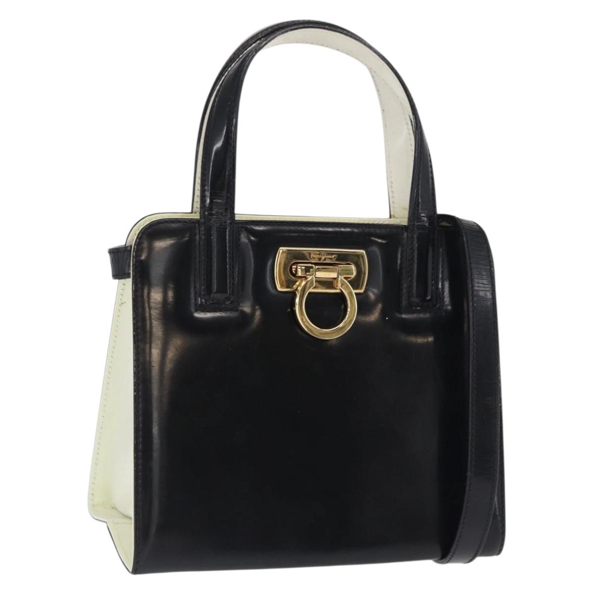 Salvatore Ferragamo Gancini Hand Bag Patent leather 2way Black Gold Auth 170695
