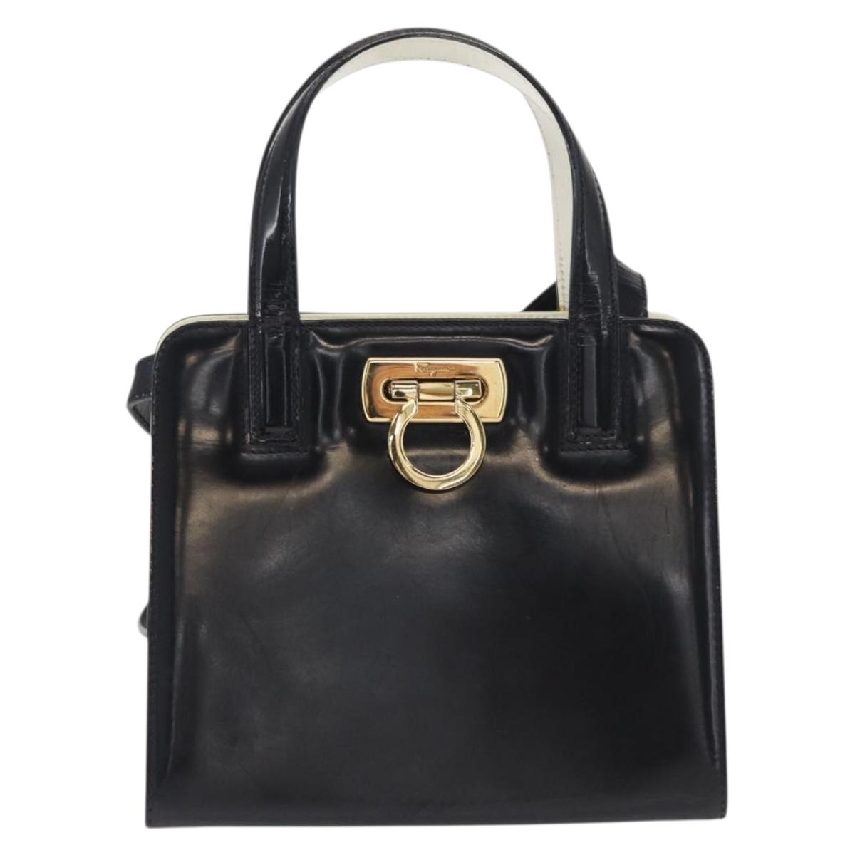 Salvatore Ferragamo Gancini Hand Bag Patent leather 2way Black Gold Auth 170695
