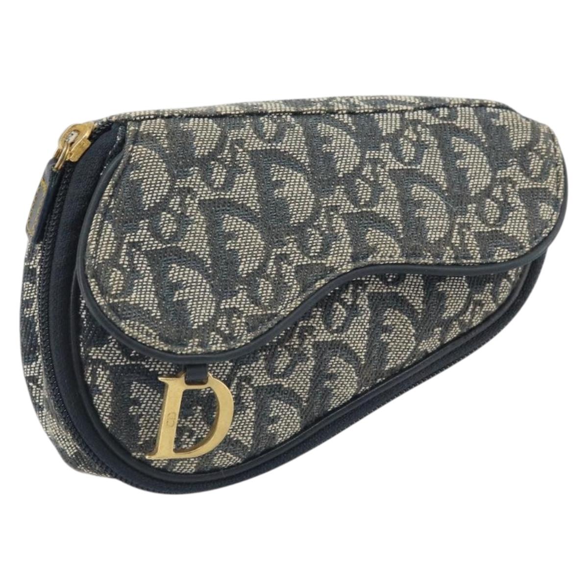Christian Dior Trotter Canvas Saddle Pouch Navy Gold Auth 170701