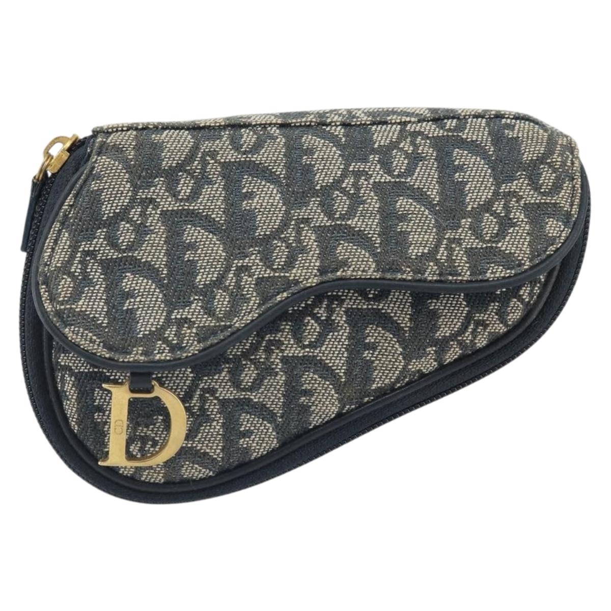 Christian Dior Trotter Canvas Saddle Pouch Navy Gold Auth 170701