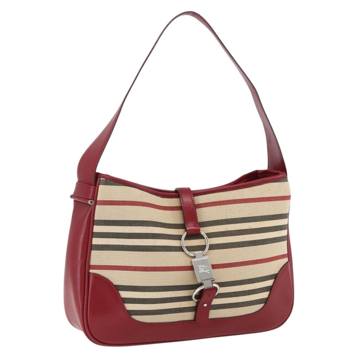 BURBERRY Nova Check Blue Label Shoulder Bag Canvas Beige Silver Auth 170703