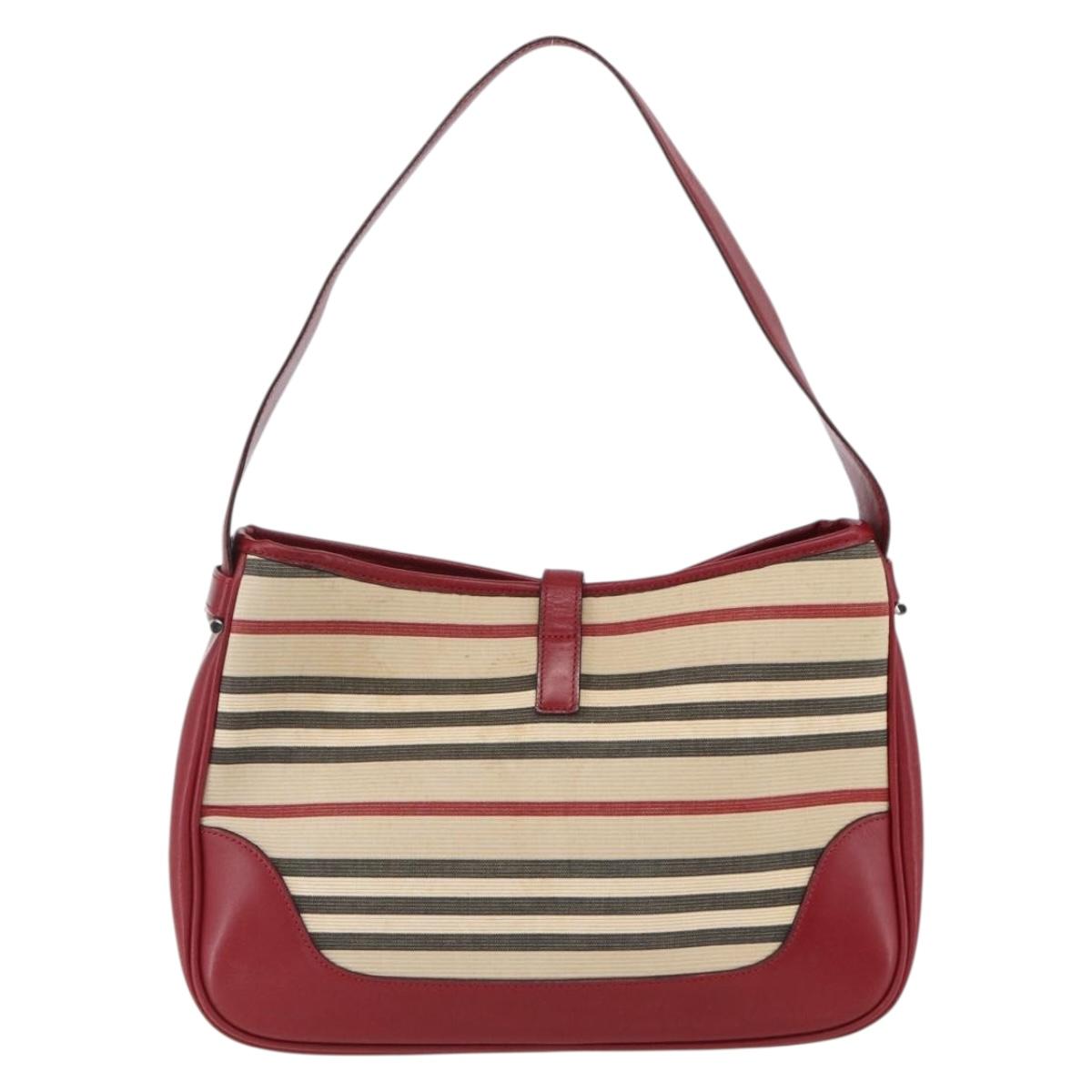 BURBERRY Nova Check Blue Label Shoulder Bag Canvas Beige Silver Auth 170703