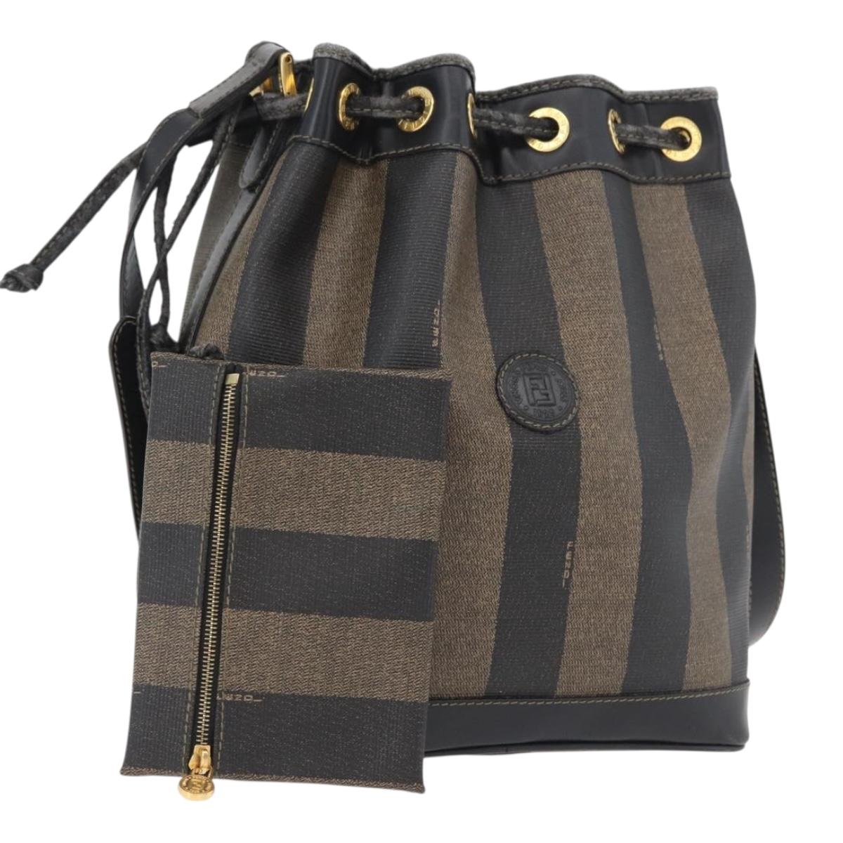 FENDI Pecan Canvas Shoulder Bag PVC Black Brown Auth 170718