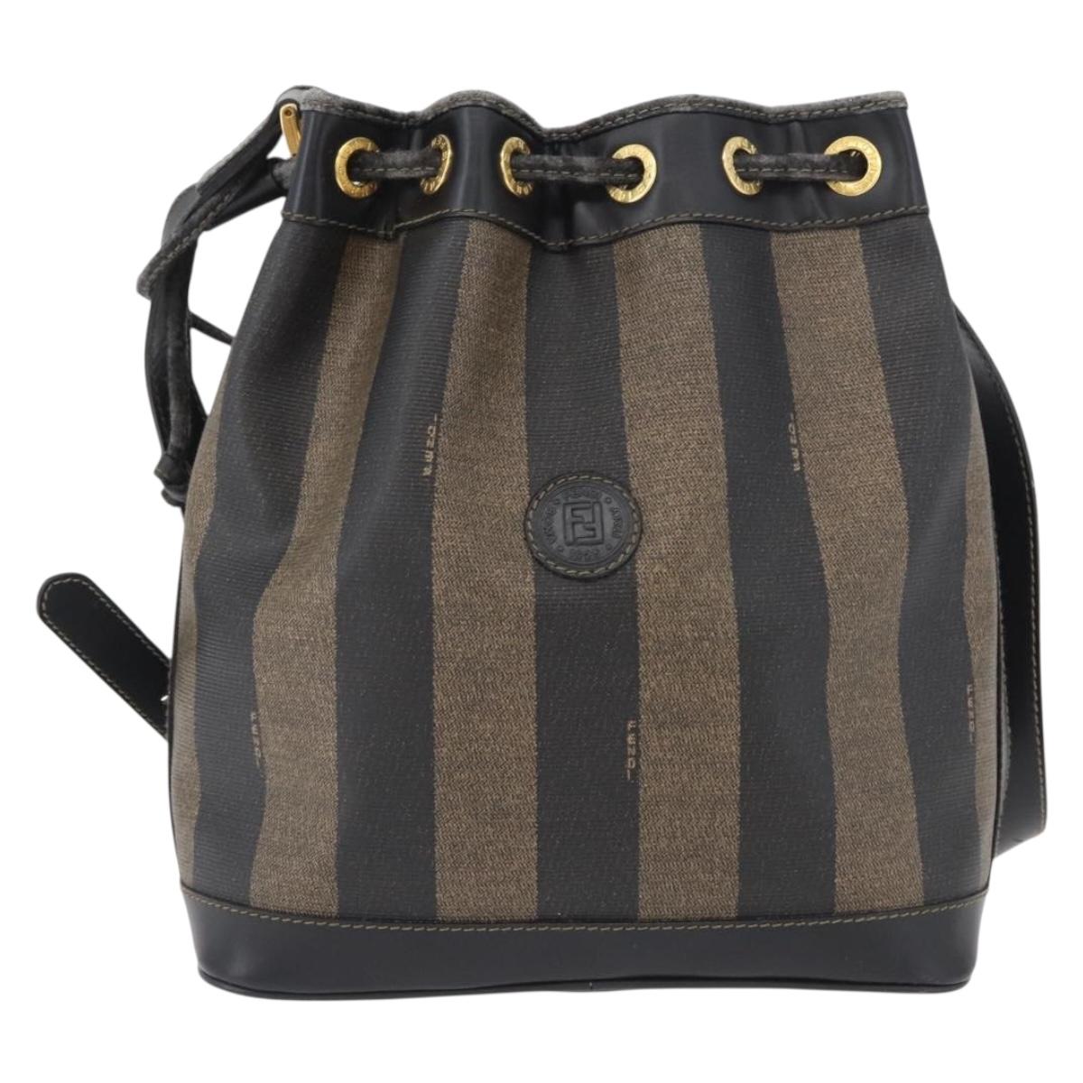 FENDI Pecan Canvas Shoulder Bag PVC Black Brown Auth 170718