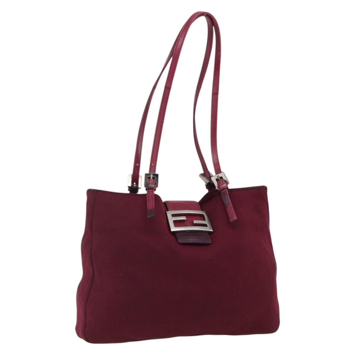 FENDI Mamma Baguette Tote Bag Nylon Bordeaux Silver Auth 170739