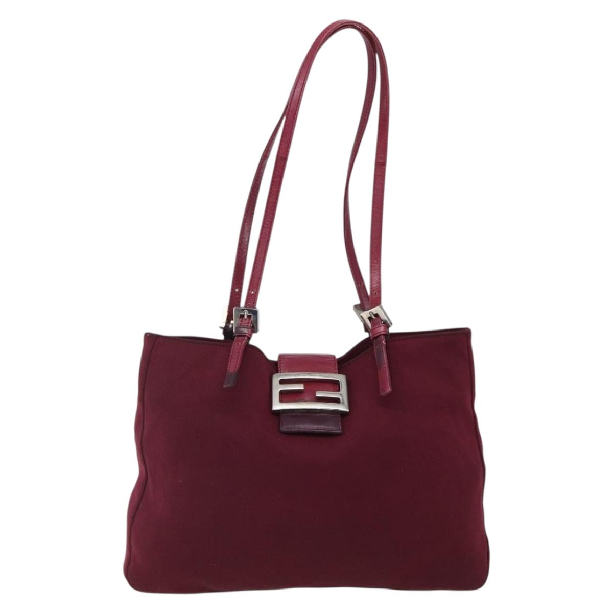 FENDI Mamma Baguette Tote Bag Nylon Bordeaux Silver Auth 170739