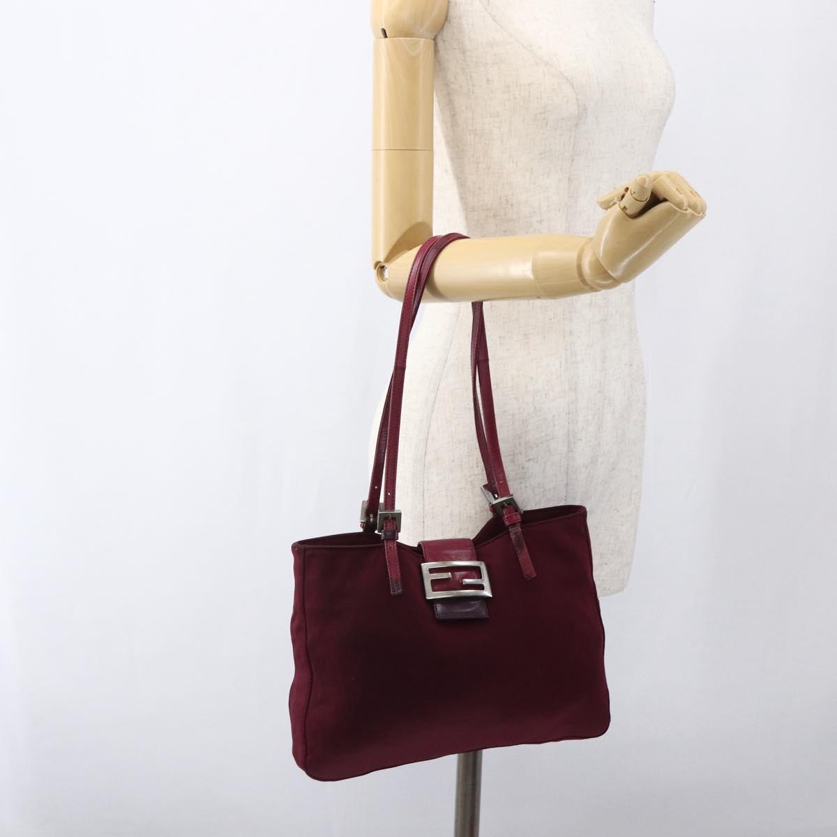 FENDI Mamma Baguette Tote Bag Nylon Bordeaux Silver Auth 170739