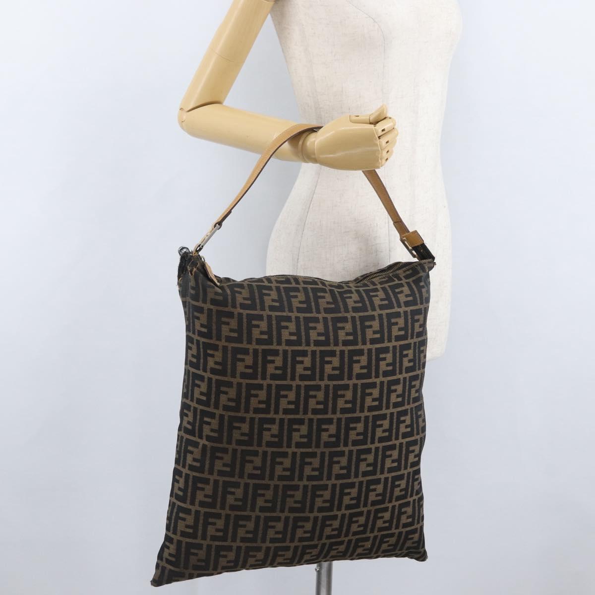 FENDI Zucca Canvas Shoulder Bag Black Brown Auth 170743