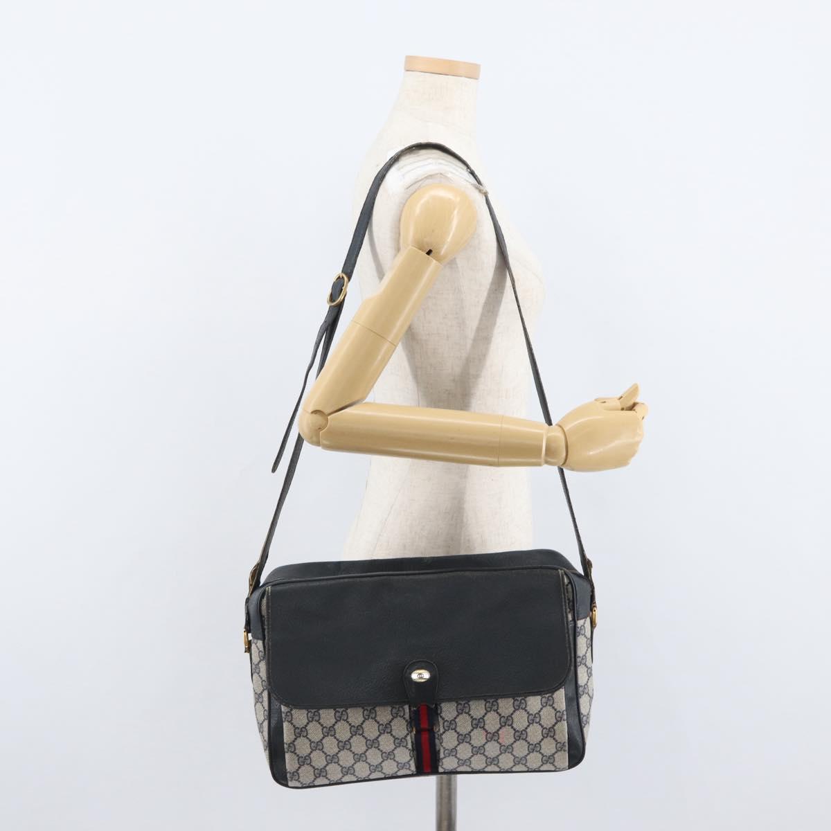 GUCCI GG Supreme Sherry Line Shoulder Bag PVC Navy Gold 904 02 084 Auth 170766