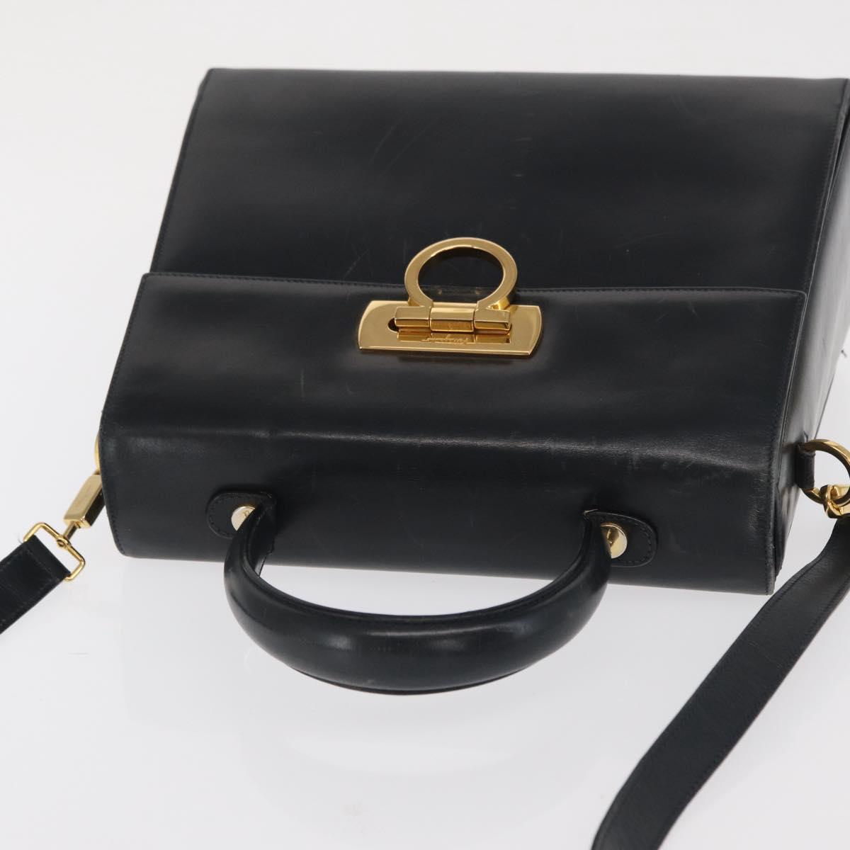 Salvatore Ferragamo Gancini Hand Bag Leather 2way Navy Gold Auth 170776