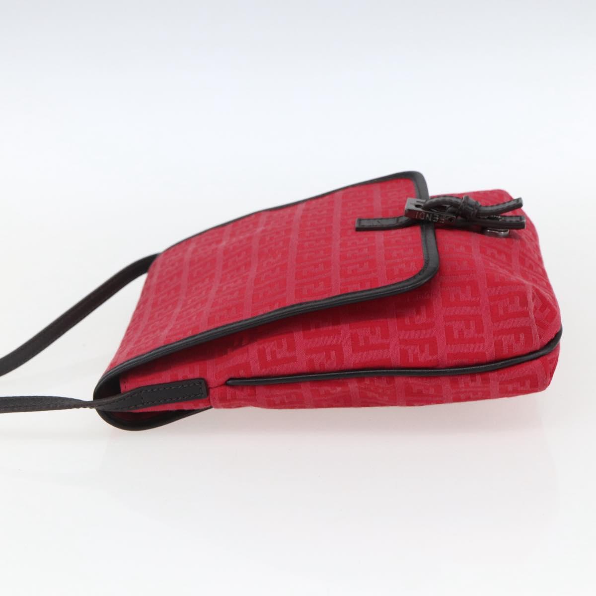 FENDI Zucchino Canvas Shoulder Bag Red Silver Auth 170824